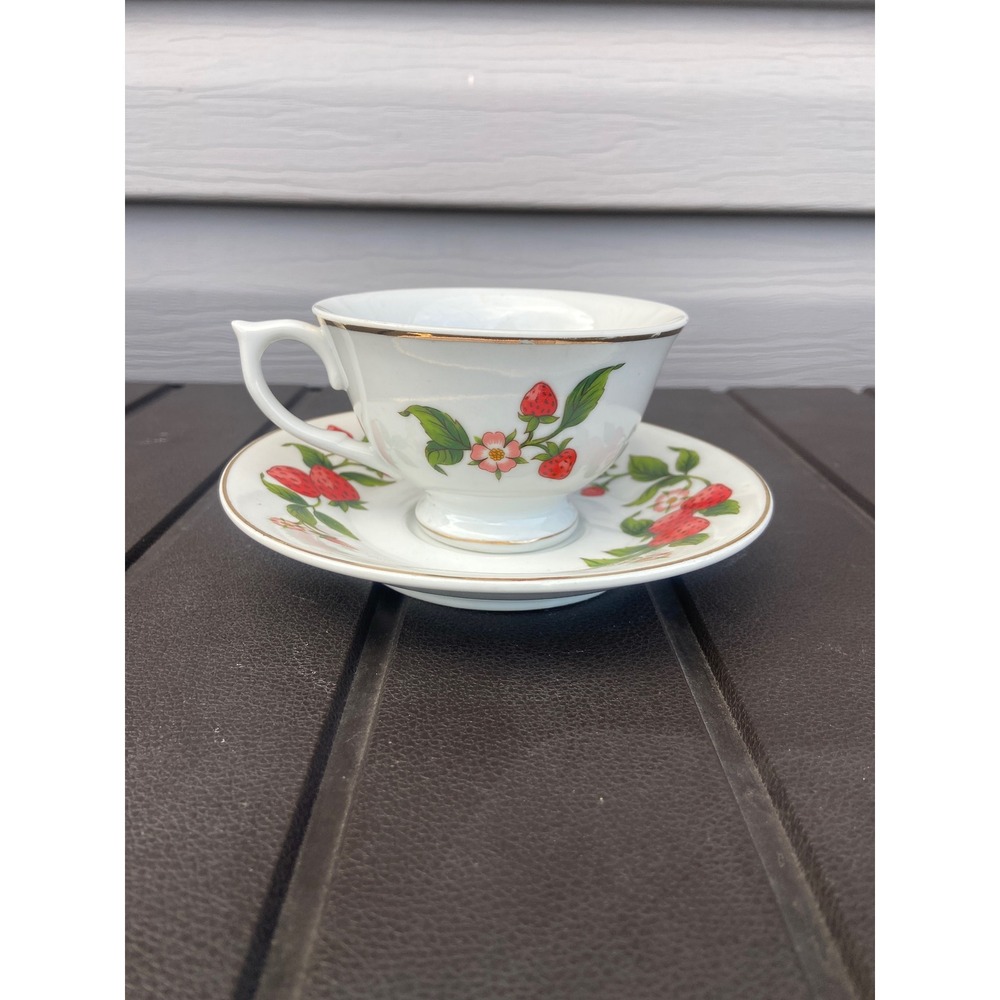 Teleflora Gift Strawberry Teacup and Saucer Set Gold Trim Porcelain Cottagecore